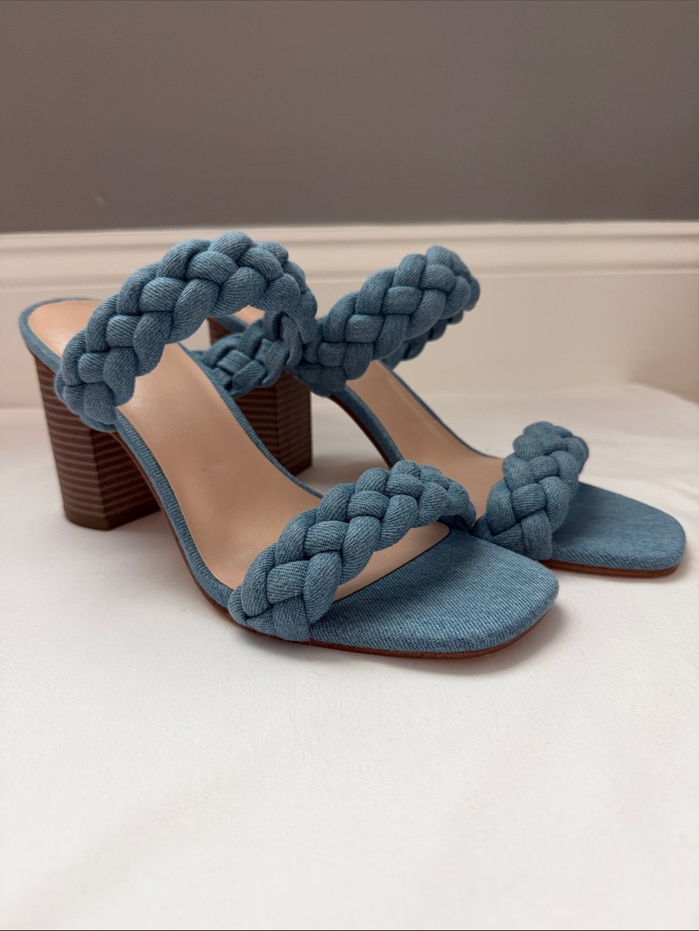 Indigo Braided Denim-Style Double Strap Block Heel Sandals in Blue